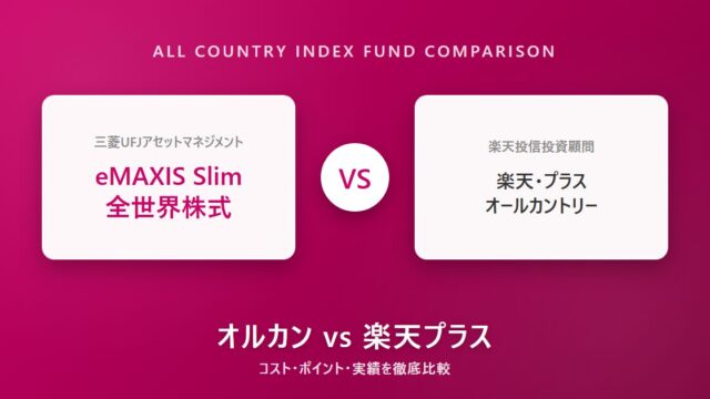 eMAXIS Slim全世界株式と楽天・プラス・オールカントリーのコスト・ポイント還元・実績を比較するイメージ画像